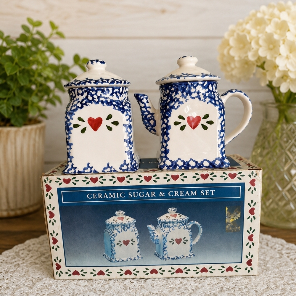 Blue & White Ceramic Sugar and Cream Set with Heart Motif